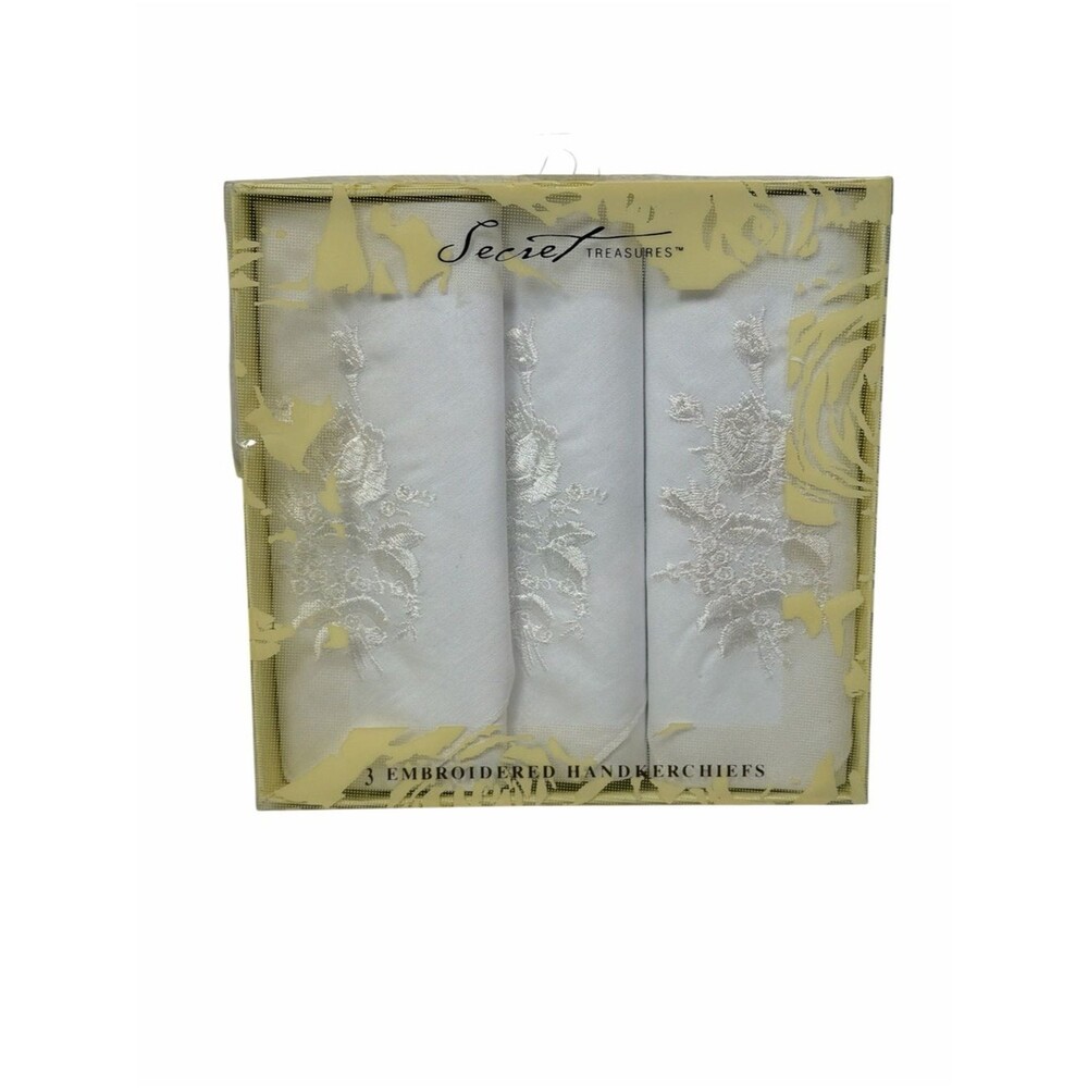 Secret Treasures Embroidered Handkerchief Set White Floral Cotton 3 Piece Set